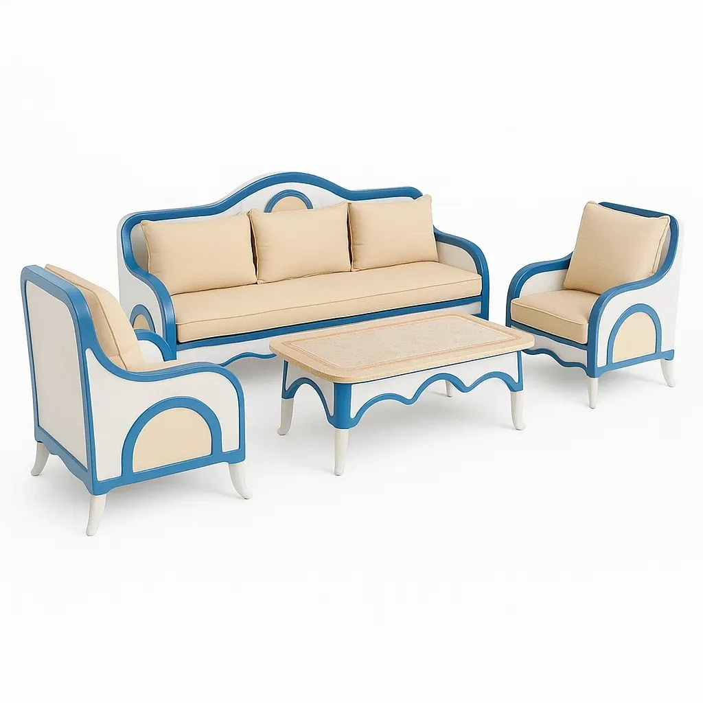 Set divano da esterno 4 pezzi in legno e tessuto blu e bianco con tavolo rettangolare