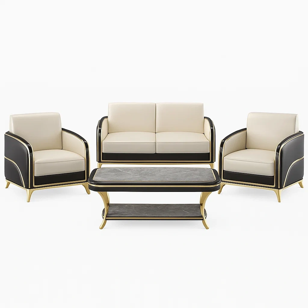 Set divano da interno con divano e poltrone in pelle sintetica e tavolino in marmo