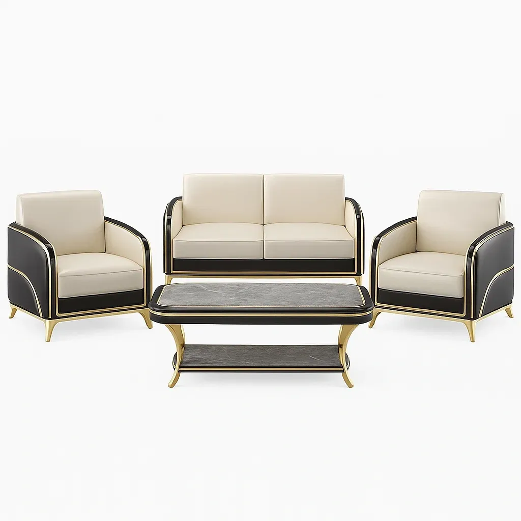 Set divano da interno con divano e poltrone in pelle sintetica e tavolino in marmo