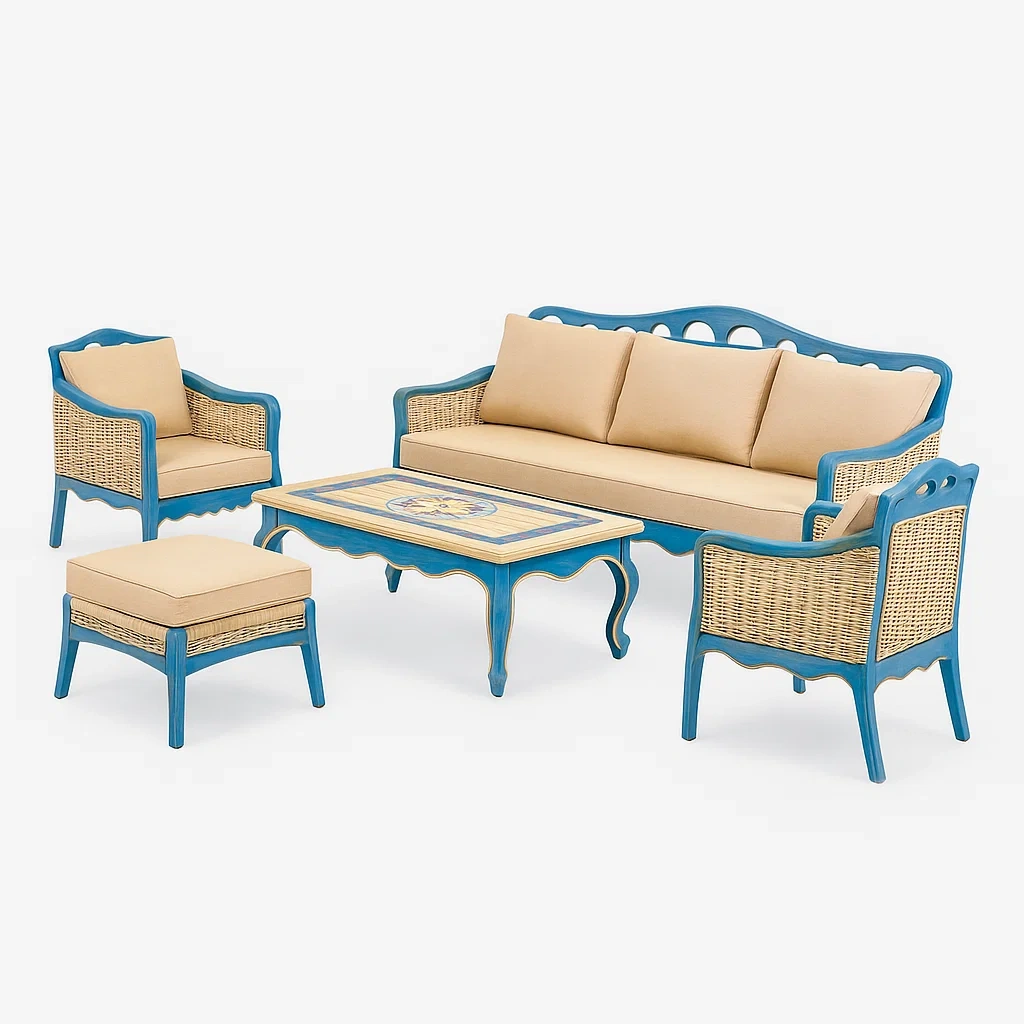 Set divano da esterno in rattan sintetico e legno blu con cuscini beige