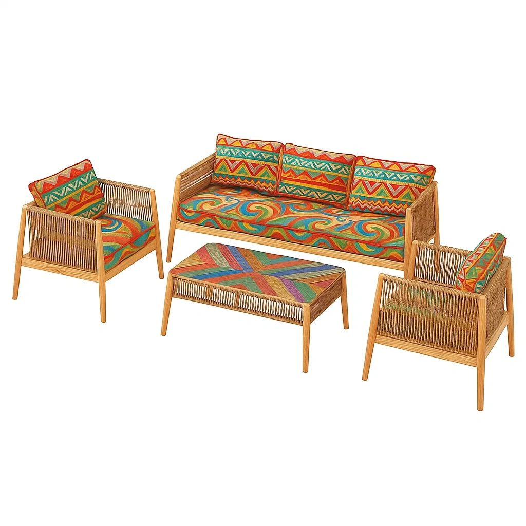 Set divano da esterno 4 pezzi in legno e corda con cuscini multicolore