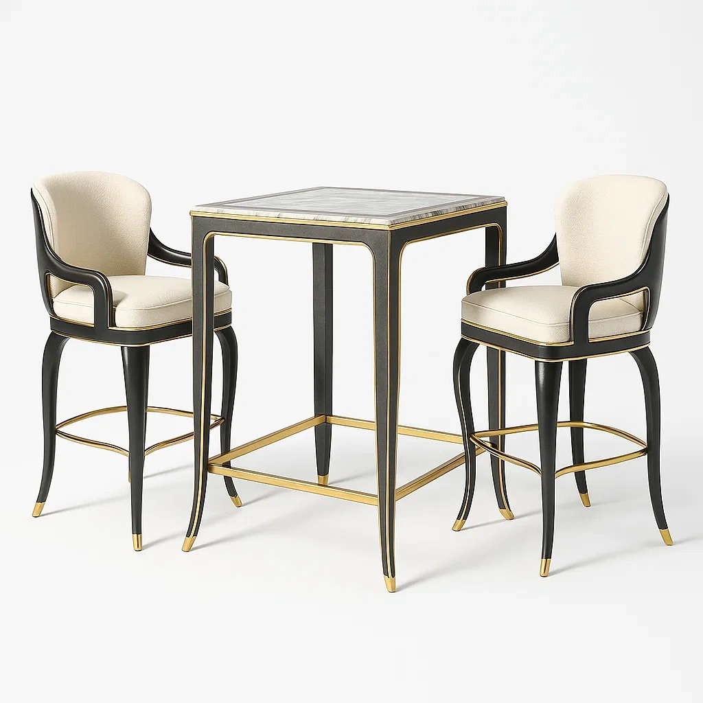 Set bar da pranzo per sala con tavolo e sedie in legno nero e oro con sedute crema