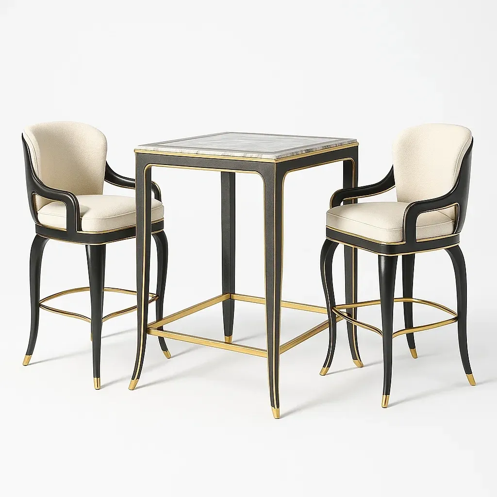 Set bar da pranzo per sala con tavolo e sedie in legno nero e oro con sedute crema