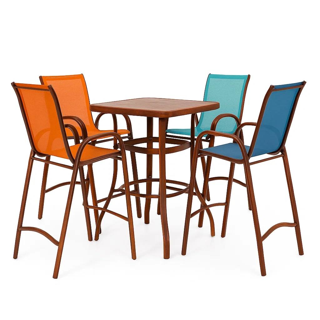 Set bar da pranzo per patio da giardino in metallo e tessuto con tavolo e sedie alte