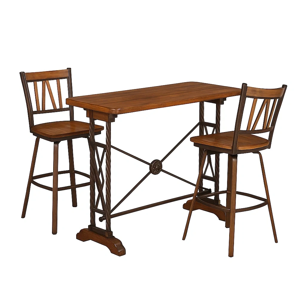 Set bar da pranzo per sala con tavolo e sgabelli in legno e metallo marrone