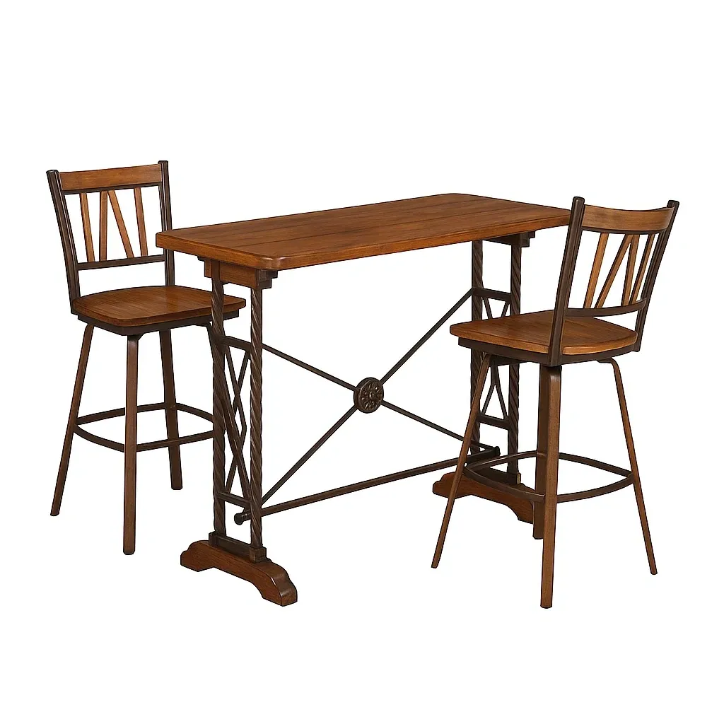 Set bar da pranzo per sala con tavolo e sgabelli in legno e metallo marrone