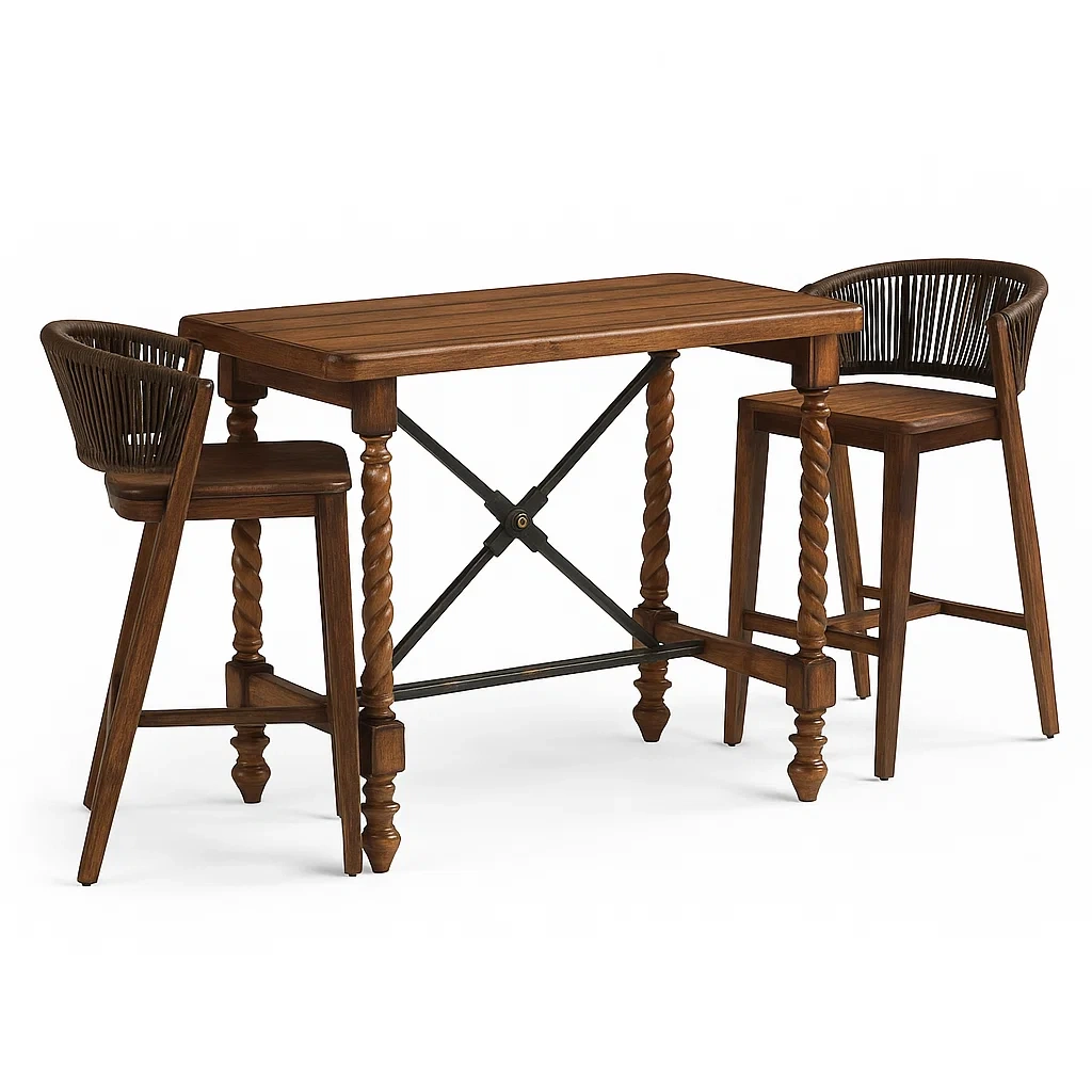 Set bar da pranzo per patio con tavolo e sgabelli in legno e metallo marrone con seduta in rattan