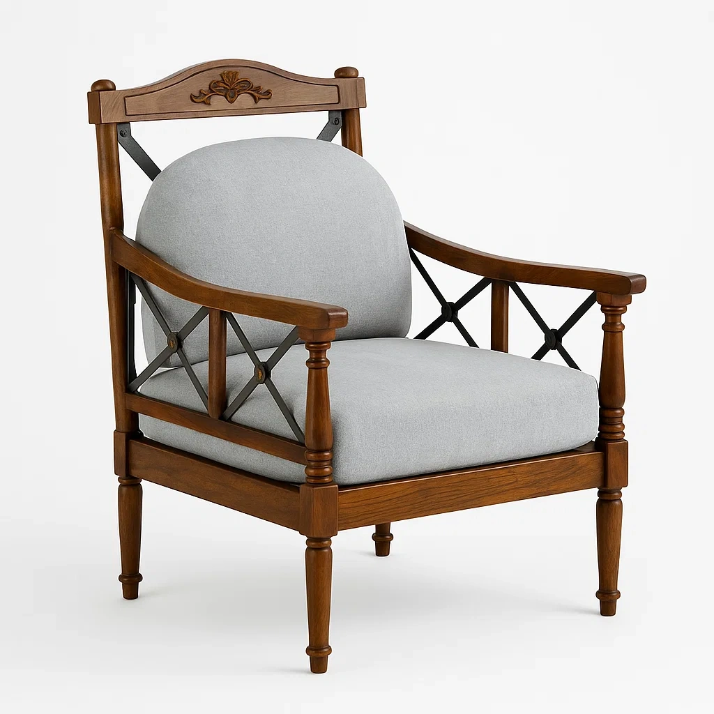 Sedie da relax da interno in legno con cuscini in tessuto grigio chiaro