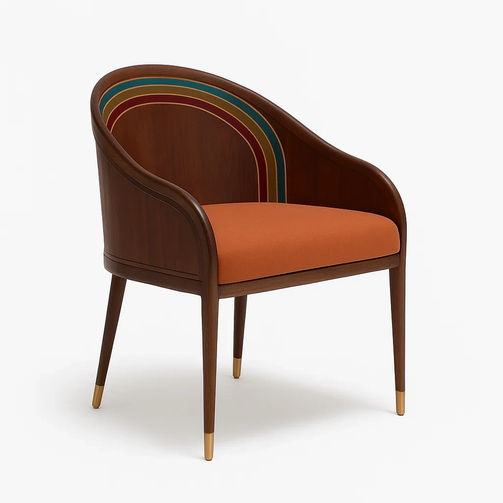 Sedie da relax da interno in legno con rivestimento arancione e schienale multicolore