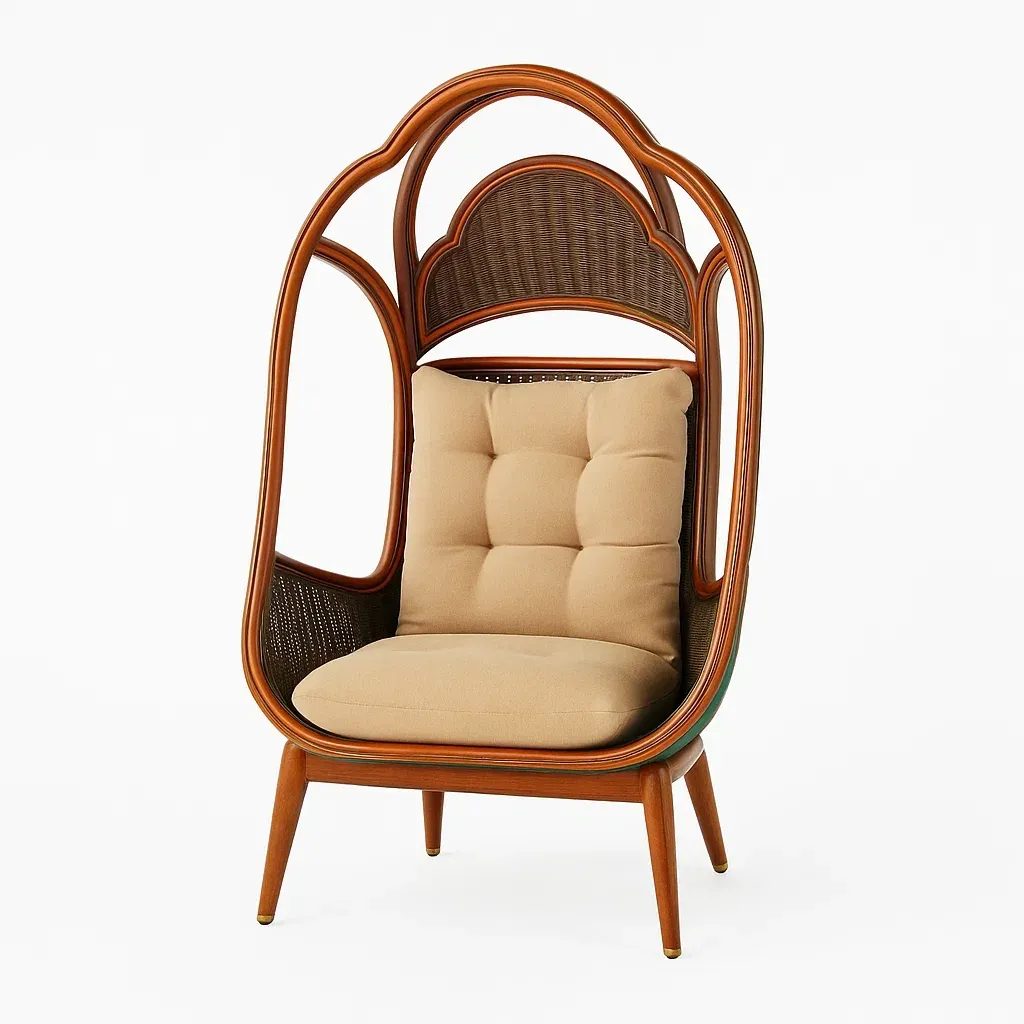 Sedie da relax da interno in legno e rattan con cuscino in poliestere beige