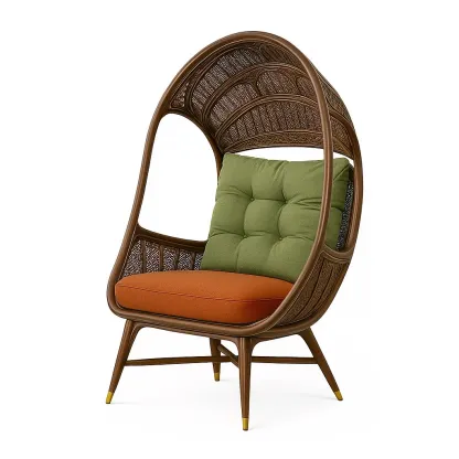 Sedie da relax da interno in rattan con cuscini in tessuto verde e arancione