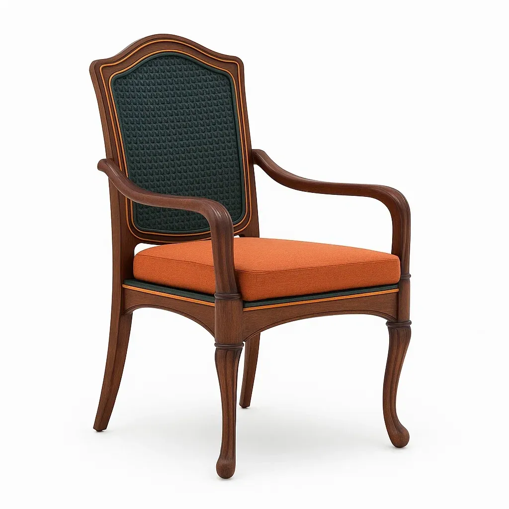 Sedie da relax da interno in legno con tessuto arancione e schienale verde