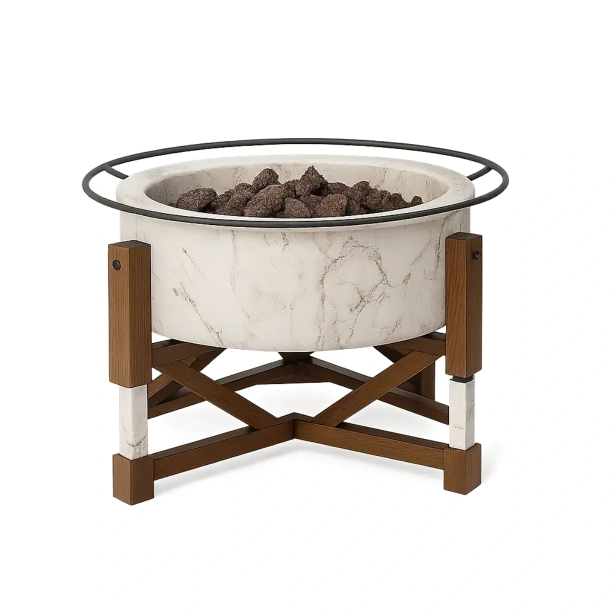 Braciere rotondo in cemento e legno con ferro battuto