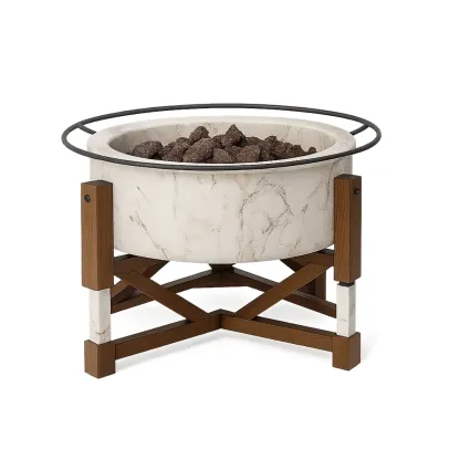 Braciere rotondo in cemento e legno con ferro battuto