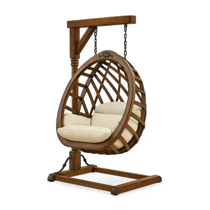 Altalena da veranda a uovo in teak con cuscini color crema