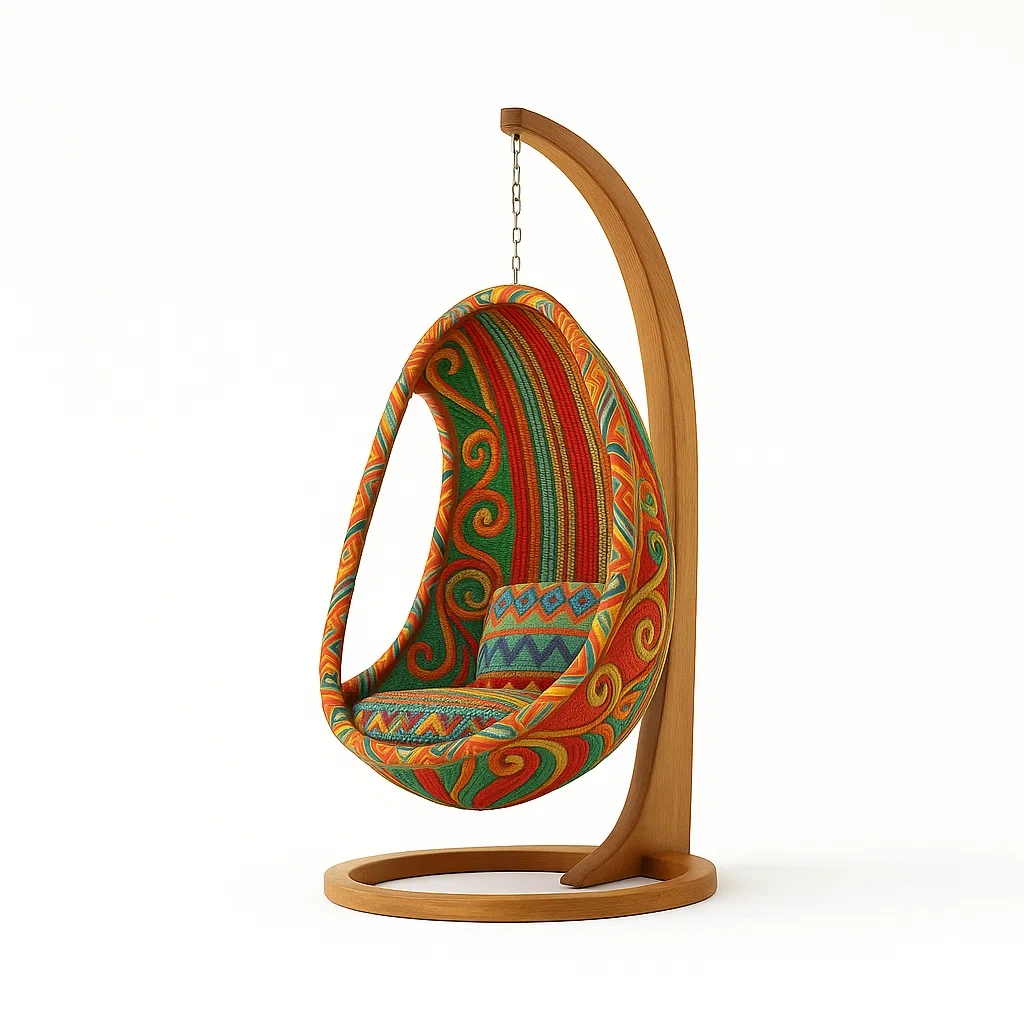 Altalena da veranda a dondolo sospesa in legno con cuscino in poliestere multicolore