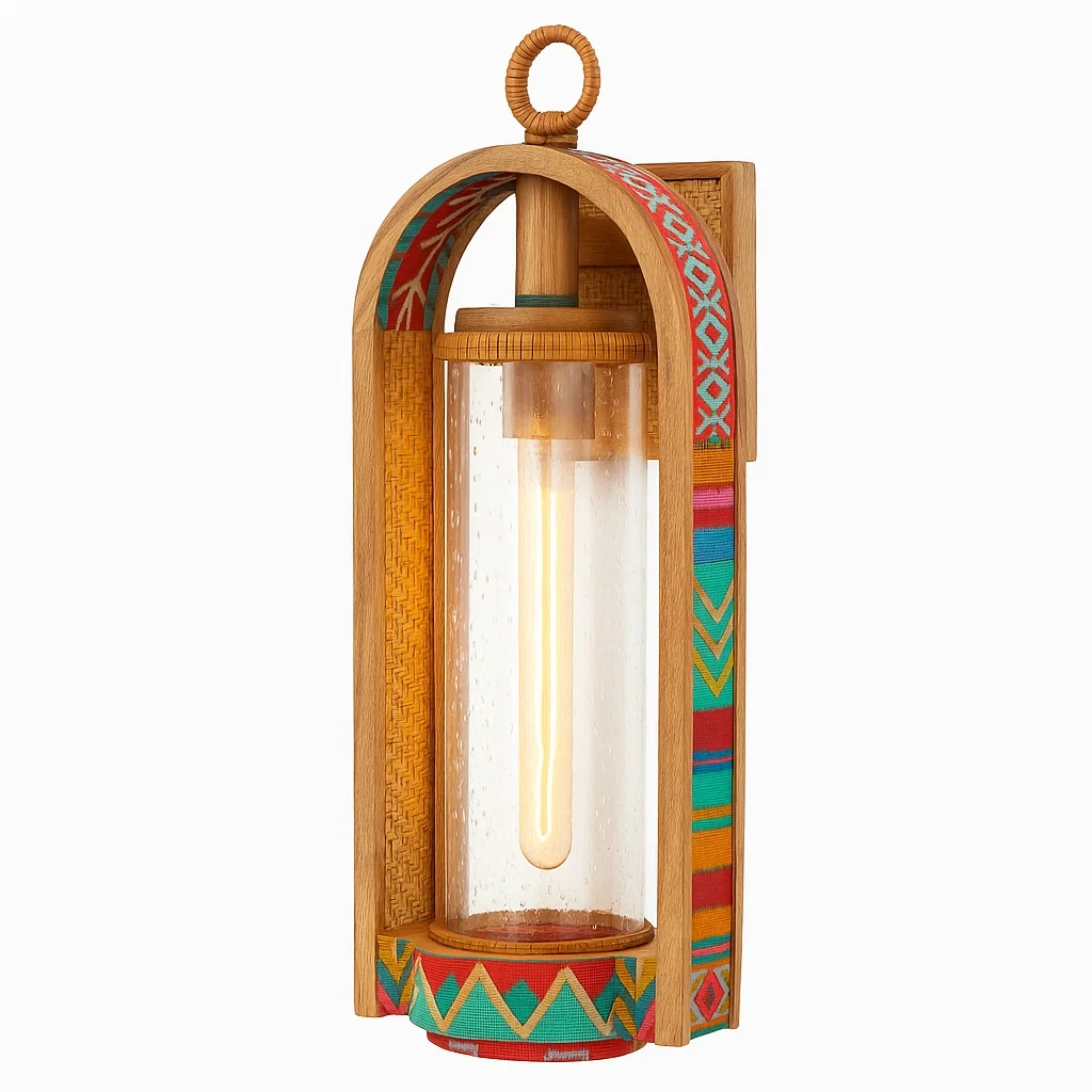 Applique da parete per esterni in legno con vetro cilindrico e dettagli multicolori