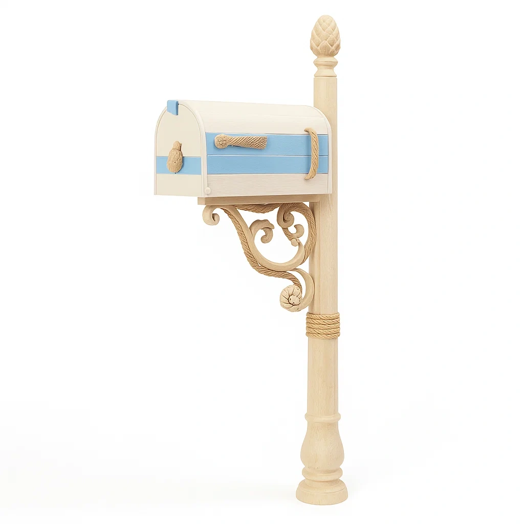 Cassetta postale in legno con dettagli blu e bianco