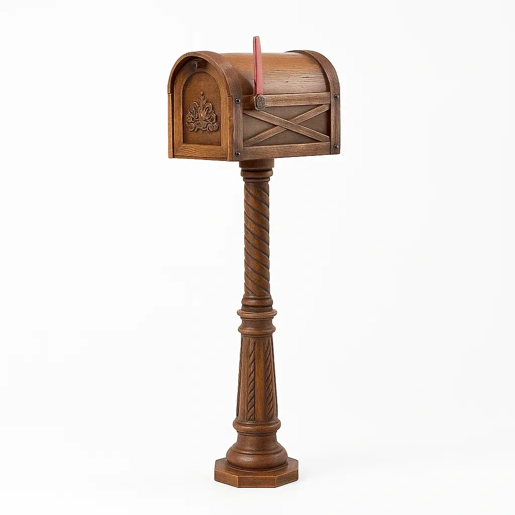 Cassetta postale in legno di quercia con colonna decorativa marrone