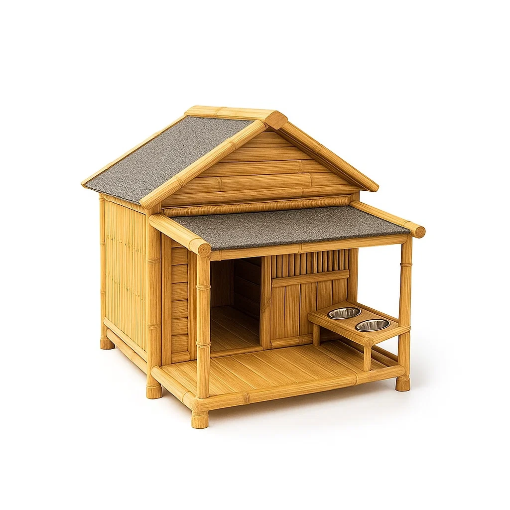 Cuccia per cani in bambù con tetto impermeabile e ciotole in acciaio inox