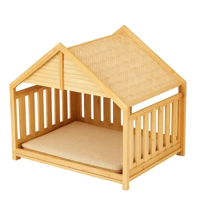 Cuccia per cani in legno con cuscino in tessuto beige