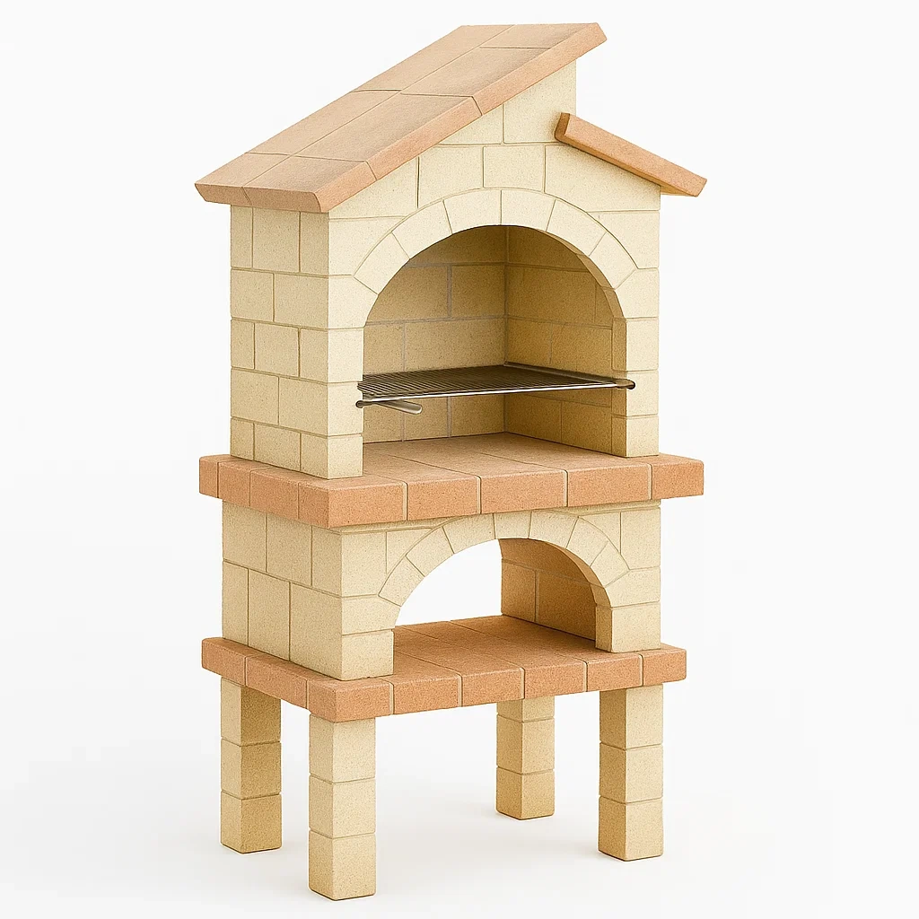 Barbecue in pietra in muratura rettangolare in pietra beige con griglia in acciaio inox