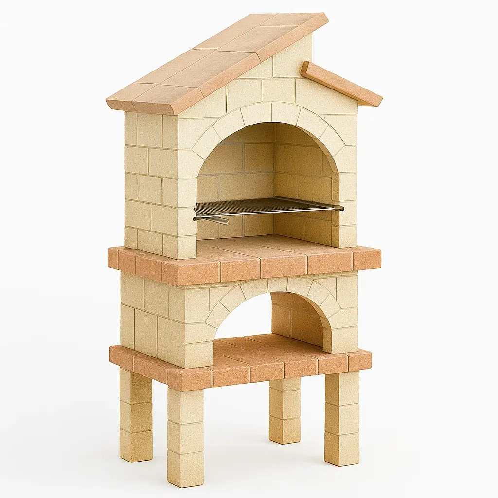 Barbecue in pietra in muratura rettangolare in pietra beige con griglia in acciaio inox