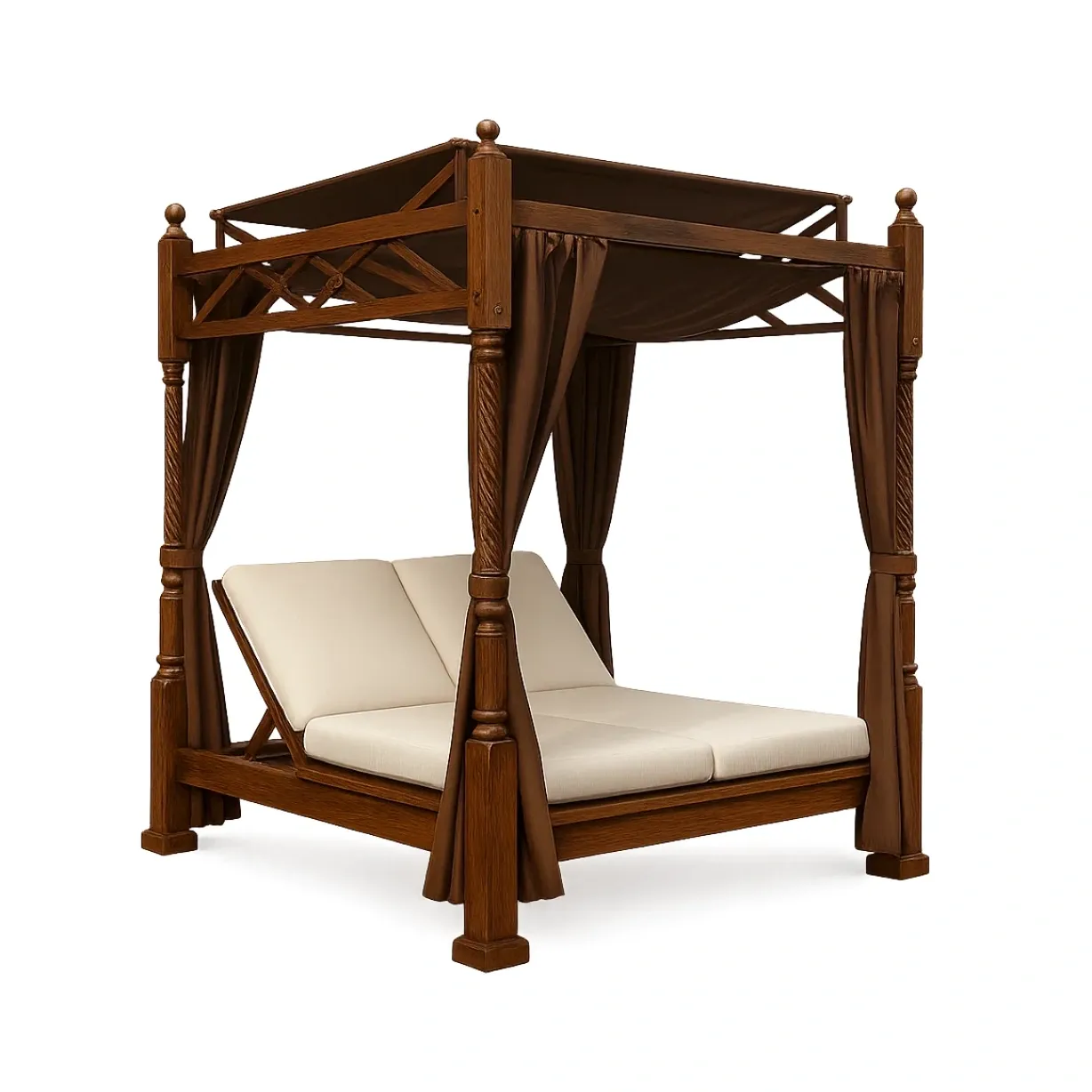 Letto da giorno per esterni a baldacchino in legno marrone con cuscini in poliestere