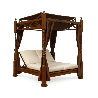 Letto da giorno per esterni a baldacchino in legno marrone con cuscini in poliestere