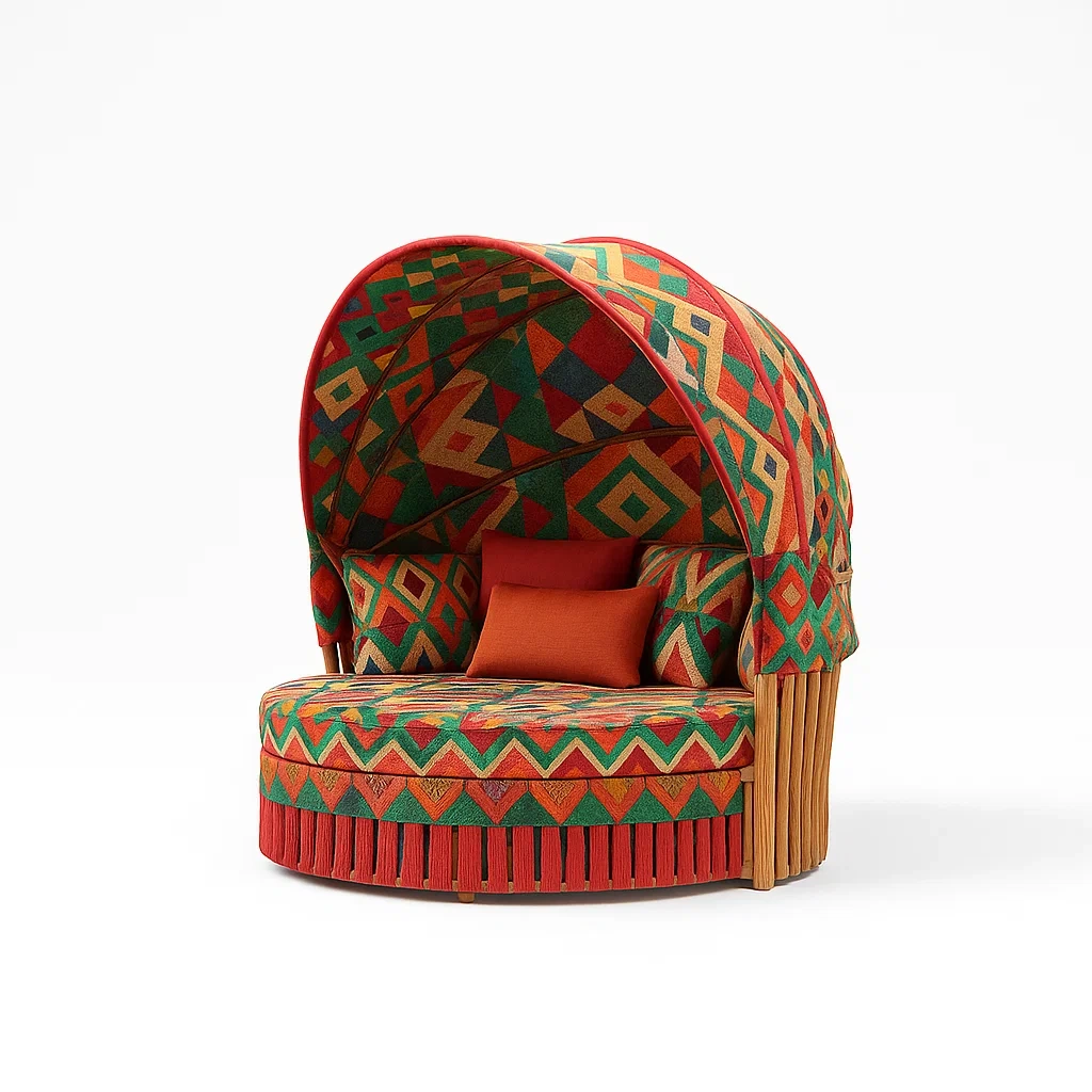Letto da giorno da esterni a baldacchino in rattan con tessuto geometrico multicolore