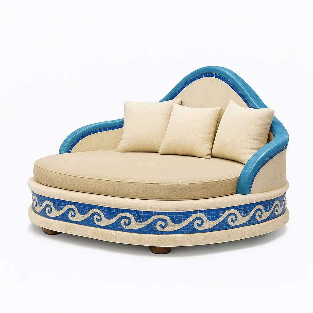 Letto da giorno per esterni rotondo in tessuto beige e blu con cuscini