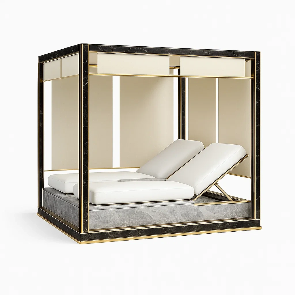 Letto da giorno per esterni a baldacchino in metallo ed ecopelle