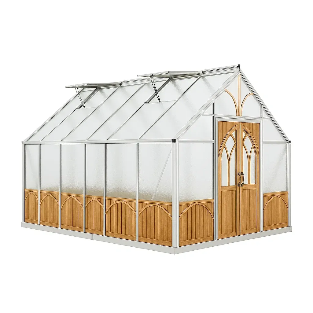 Serra in alluminio e policarbonato opaco con pannelli decorativi in legno 300x200x250 cm