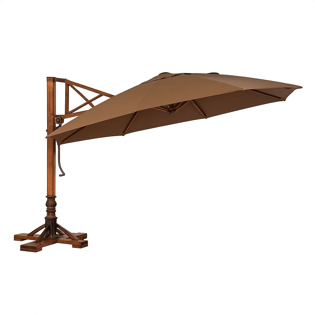 Ombrellone a braccio laterale in poliestere marrone con struttura in legno diametro 300 cm