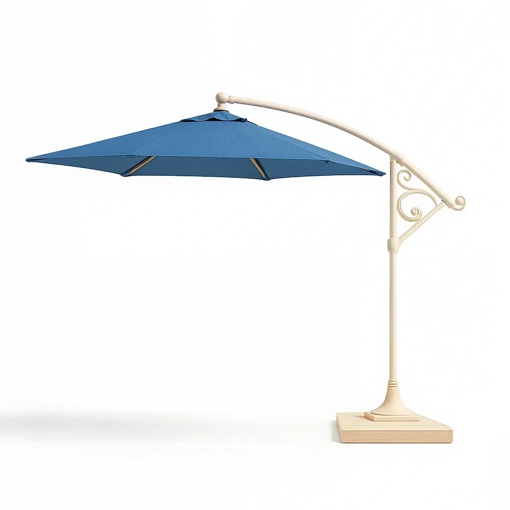 Ombrellone a braccio laterale da esterno blu con struttura in alluminio e base quadrata