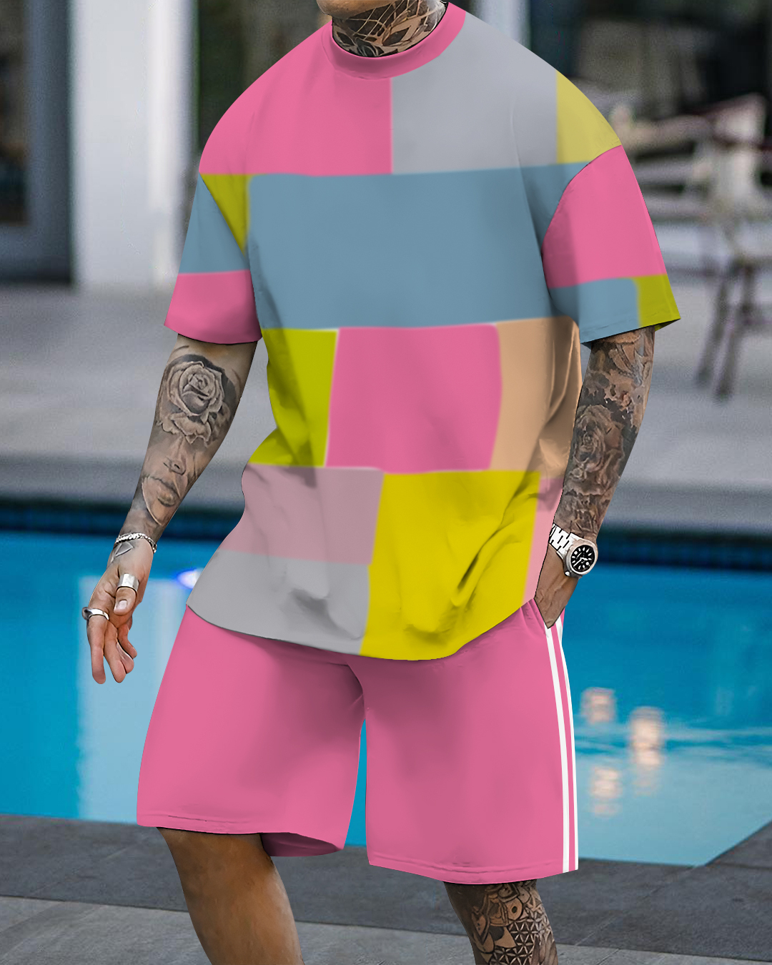 Men's fashion casual color matching printed short-sleeved two-piece se