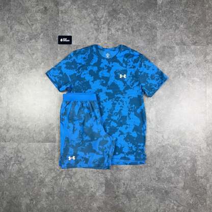 Under Armour Launch Printed T-Shirt Blue & Launch Speedpocket Shorts Set