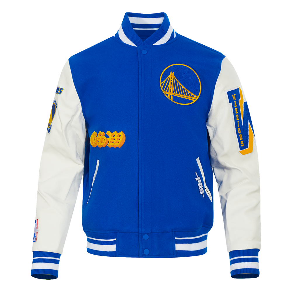 NBA GOLDEN STATE WARRIORS OLD ENGLISH MEN'S RIB WOOL VARSITY JACKET (ROYAL BLUE/WHITE)