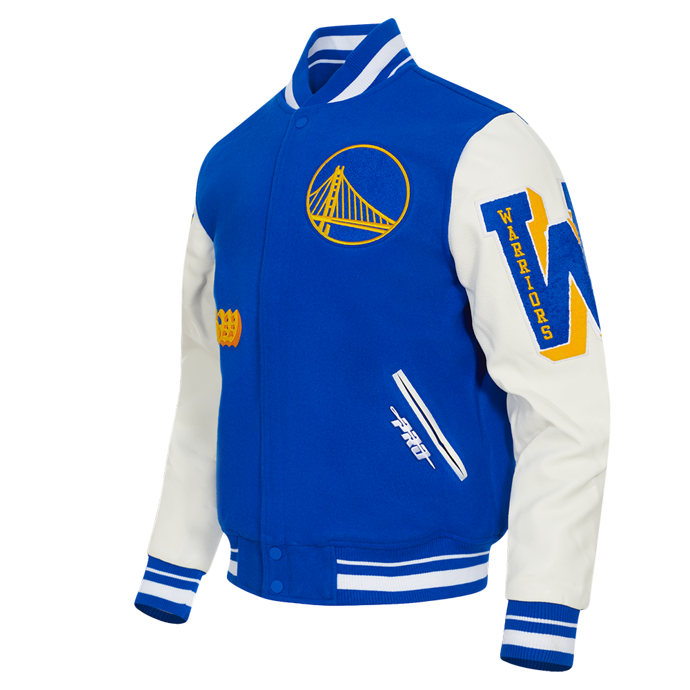 NBA GOLDEN STATE WARRIORS OLD ENGLISH MEN'S RIB WOOL VARSITY JACKET (ROYAL BLUE/WHITE)