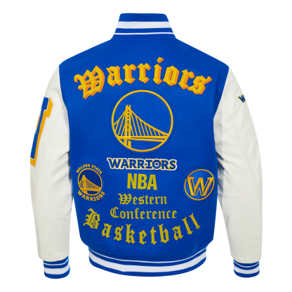 NBA GOLDEN STATE WARRIORS OLD ENGLISH MEN'S RIB WOOL VARSITY JACKET (ROYAL BLUE/WHITE)
