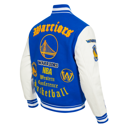 NBA GOLDEN STATE WARRIORS OLD ENGLISH MEN'S RIB WOOL VARSITY JACKET (ROYAL BLUE/WHITE)