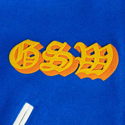 NBA GOLDEN STATE WARRIORS OLD ENGLISH MEN'S RIB WOOL VARSITY JACKET (ROYAL BLUE/WHITE)
