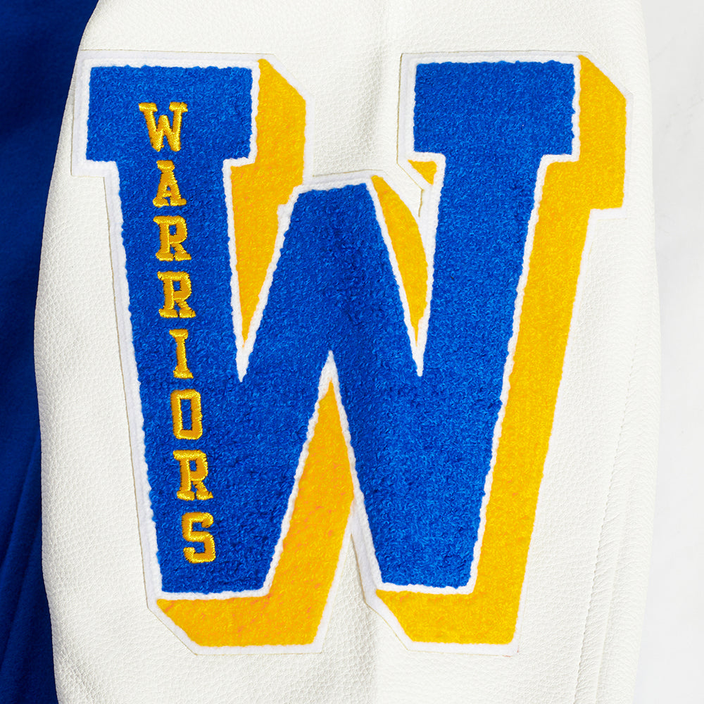NBA GOLDEN STATE WARRIORS OLD ENGLISH MEN'S RIB WOOL VARSITY JACKET (ROYAL BLUE/WHITE)