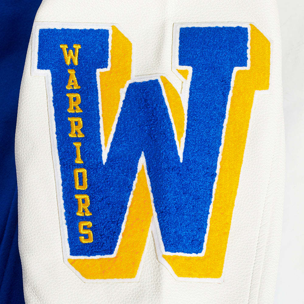 NBA GOLDEN STATE WARRIORS OLD ENGLISH MEN'S RIB WOOL VARSITY JACKET (ROYAL BLUE/WHITE)