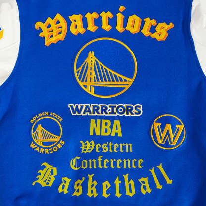 NBA GOLDEN STATE WARRIORS OLD ENGLISH MEN'S RIB WOOL VARSITY JACKET (ROYAL BLUE/WHITE)