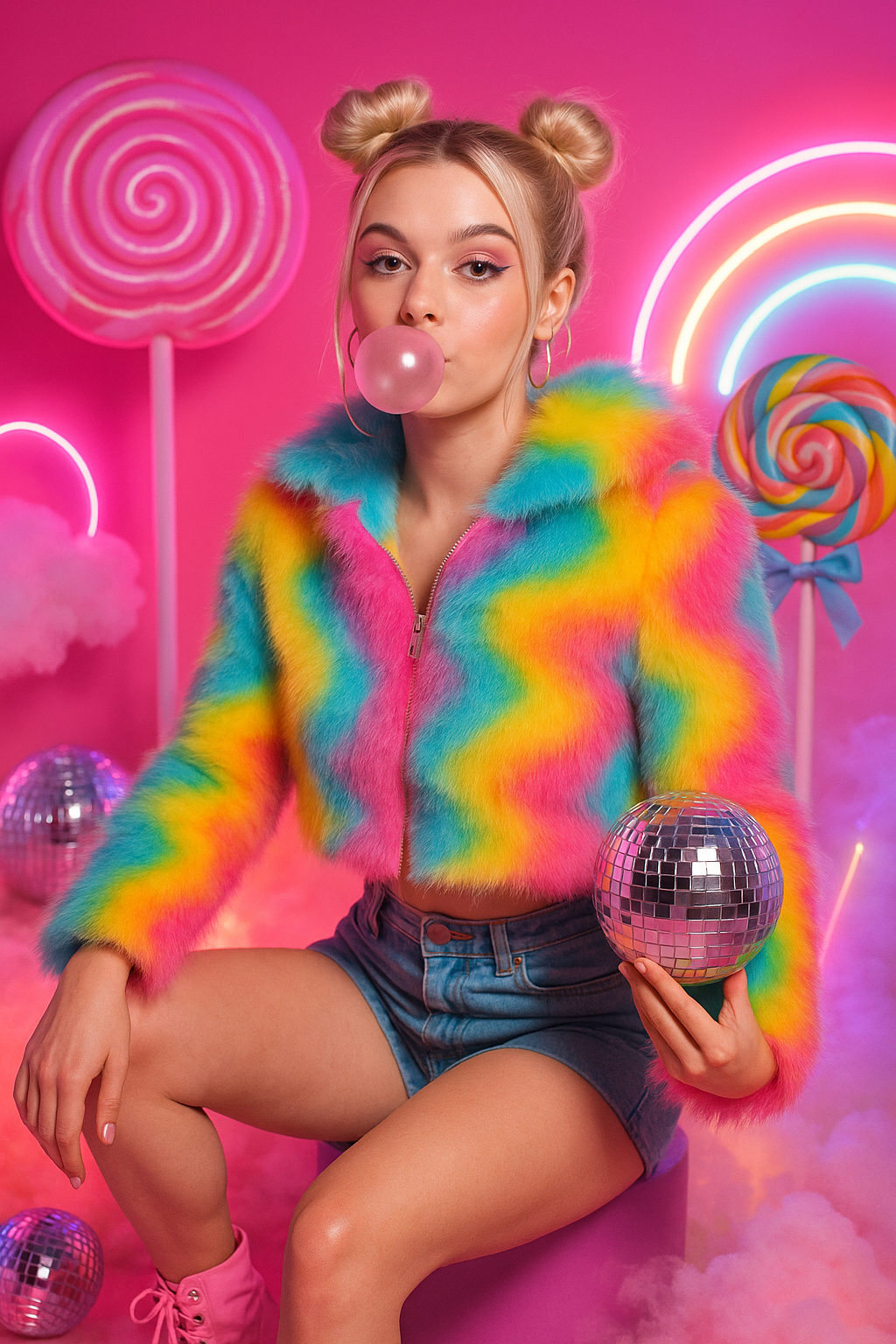Rainbow Sugar LED Jacket �?Cropped Light-Up Faux Fur Coat