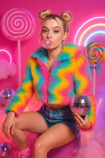 Rainbow Sugar LED Jacket �?Cropped Light-Up Faux Fur Coat