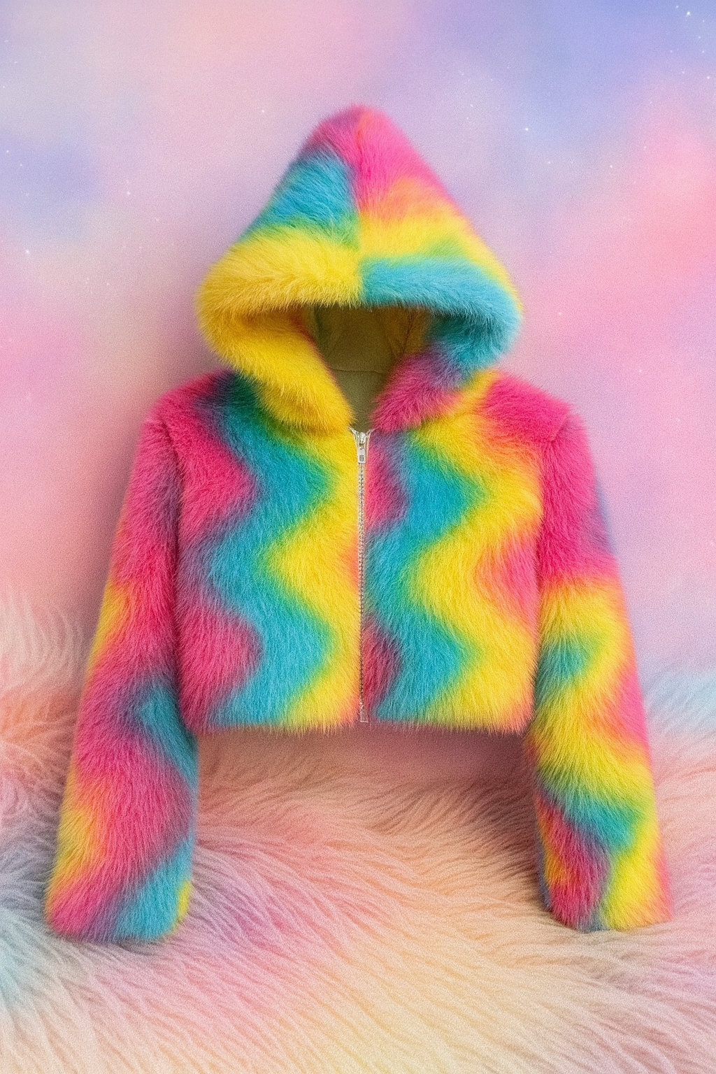 Rainbow Sugar LED Jacket �?Cropped Light-Up Faux Fur Coat
