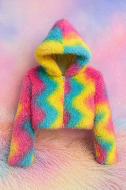 Rainbow Sugar LED Jacket �?Cropped Light-Up Faux Fur Coat