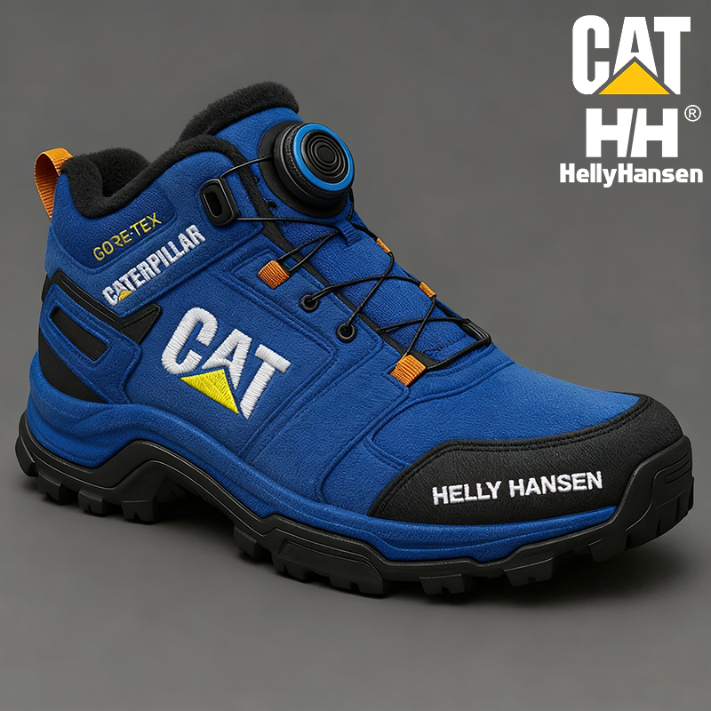Ciepłe, zimowe, wodoodporne i odporne na przebicie męskie buty robocze marki CAT i Helly Hansen.